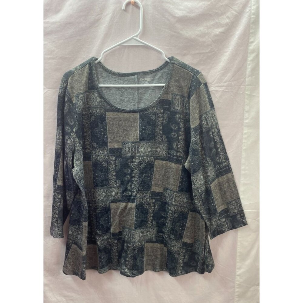 Kim Rogers Curvy 2X Long Sleeve Paisley Gray & Tan Pull over Shirt